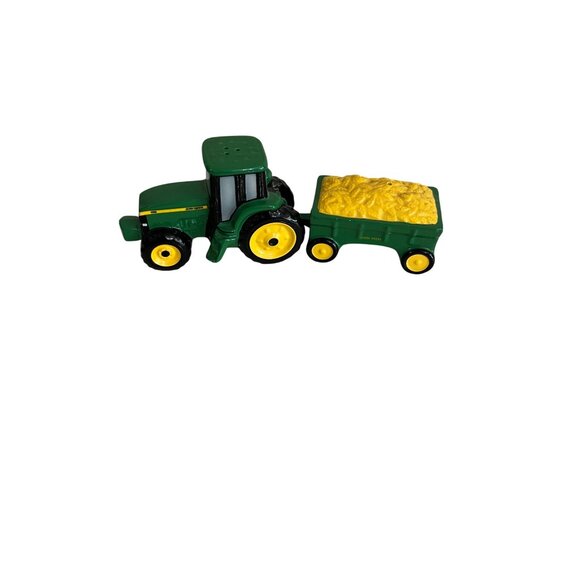 John Deere Tractor & Trailer Salt & Pepper Shakers 1998 Green & Yellow Ceramic F - Picture 1 of 8